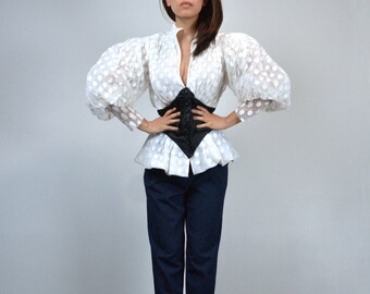 80s White Puff Sleeve Blouse,M | Vintage Polka Dot Balloon Sleeve Corset Top