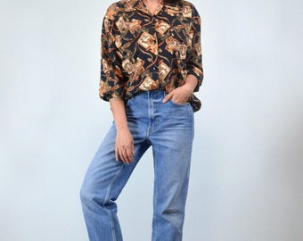 Vintage Duck Print Button Down Shirt, Novelty Patterned Cotton Blouse, M to L
