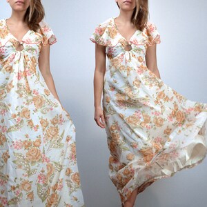 White Maxi Dress, Boho Vintage Long Floral Dress - Extra Small XXS XS