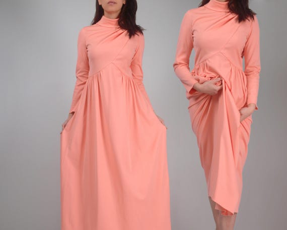 Vintage 70s Long Sleeve Dress, XS to S | Floor Length Peach Maxi