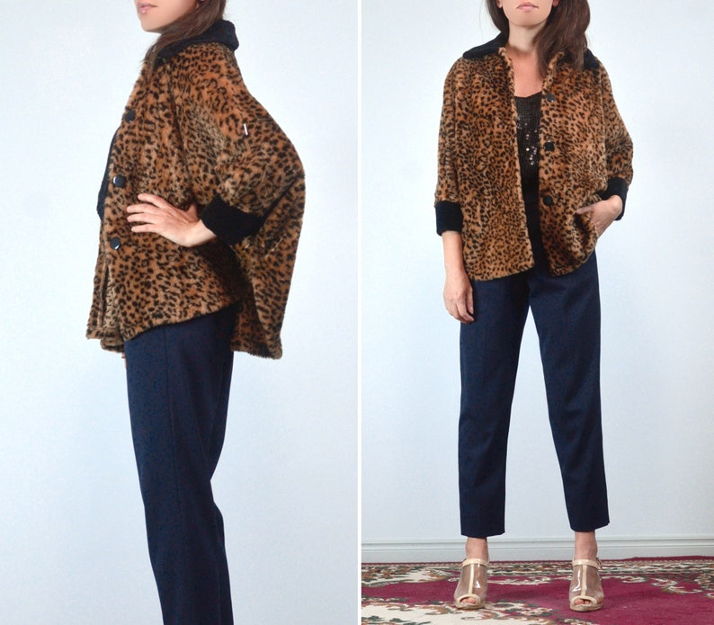 90s Leopard Print Cape Coat, XS to M Vintage Fuzzy Faux Fur Jacket image 2