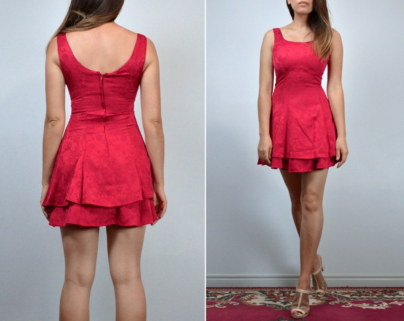 Red Mini Dress, Vintage 80s Party Dress, Womens Ruffle Micro Mini Extra Small XXS image 4