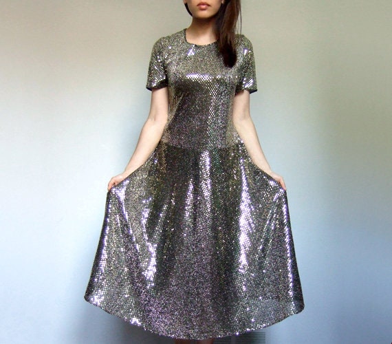 Gold Party Dress, Vintage Sequin Metallic Drop Wa… - image 3