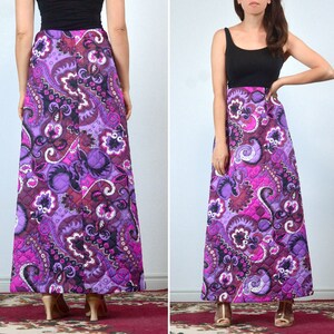 1960s 70s Quilted Maxi Skirt, M Vintage Psychedelic Retro Purple & Pink Long Skirt image 4