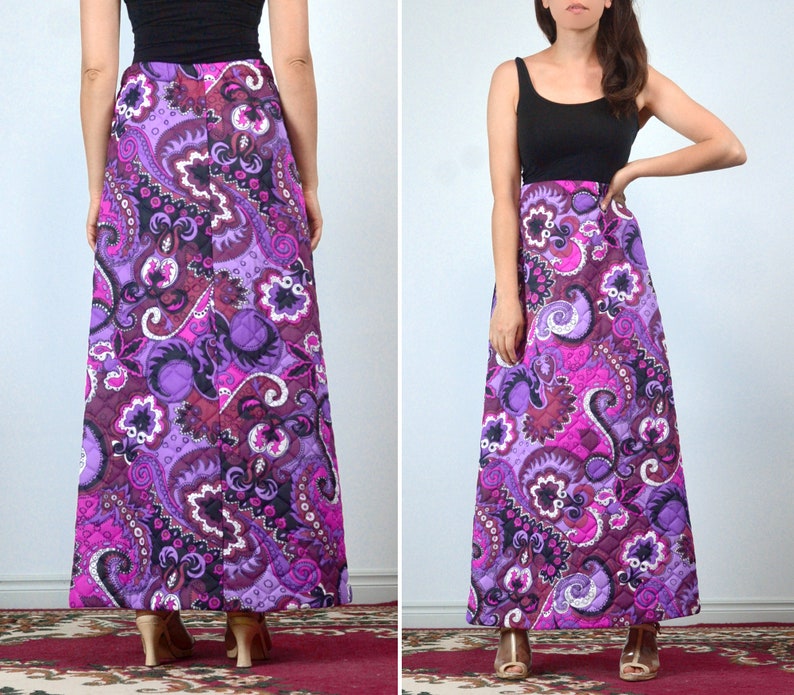 1960s 70s Quilted Maxi Skirt, M Vintage Psychedelic Retro Purple & Pink Long Skirt image 4