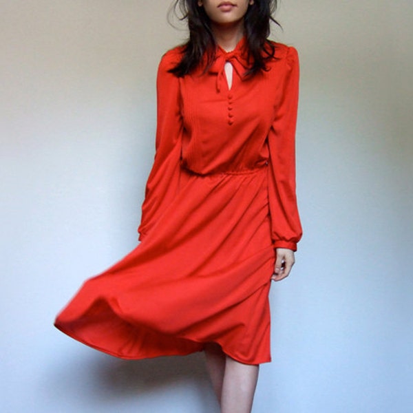 70s Red Dress Long Sleeve Ascot Dress Knee Length Casual Day Dress - Medium M