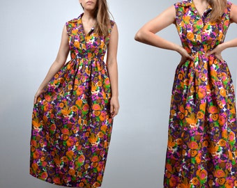 Vintage 1970s Boho Floral Sleeveless Midi Dress, S