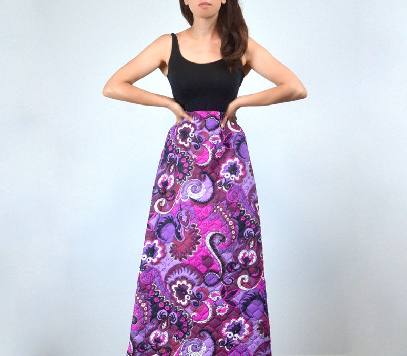 1960s 70s Quilted Maxi Skirt, M Vintage Psychedelic Retro Purple & Pink Long Skirt image 3