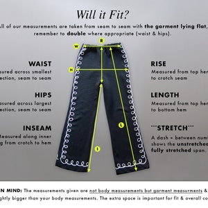 May include: Black trousers with white decorative trim and measurement labels. The image includes text explaining how to measure the waist, hips, inseam, rise, and length of the garment. The text also explains the stretch of the fabric.