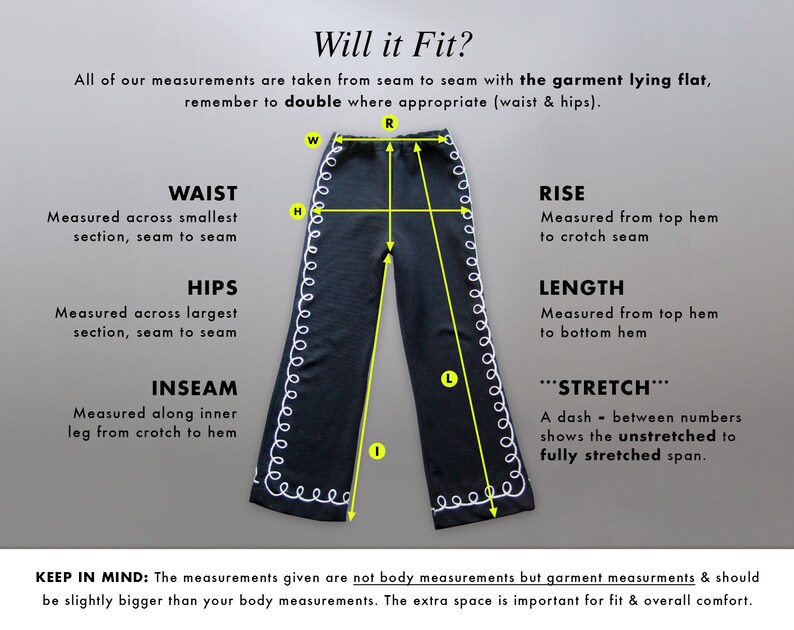 May include: Black trousers with white decorative trim and measurement labels. The image includes text explaining how to measure the waist, hips, inseam, rise, and length of the garment. The text also explains the stretch of the fabric.