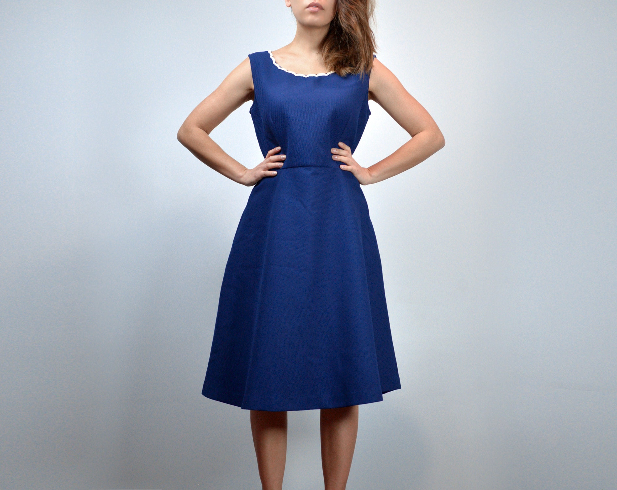 Vintage 80s Simple Navy Blue Dress, Fit and Flare Casual - Large L