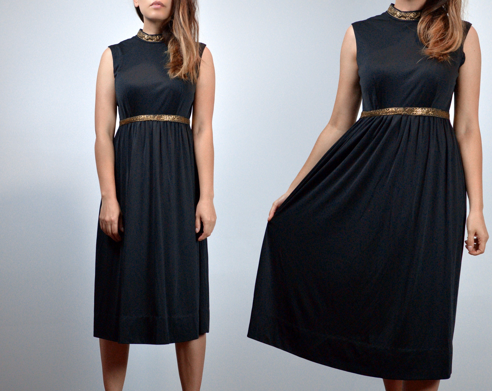 70s Grecian Dress, S to M | Vintage Black Metallic Gold Minimalist Cocktail Party Dress