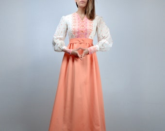 70s Boho Maxi Dress, Small to Medium | Vintage 1970s Pink Orange Long Sleeve Maxi, S to M