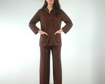 1970s Leisure Suit, S | Retro Brown Polyester Pant Suit Set with Jacket and Trouser Pants