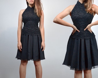 Black Lace Dress Womens, 80s Cocktail Dress, Prom Dress - Extra Small to Small XS S