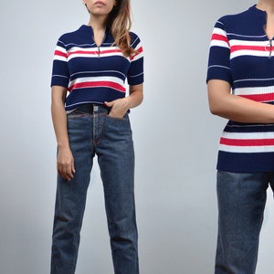 1970s Striped Top, Navy Blue White and Red - XS/S