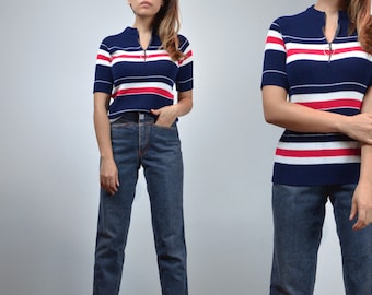 1970s Striped Top, XS to S | Navy Blue White and Red Ribbed Shirt