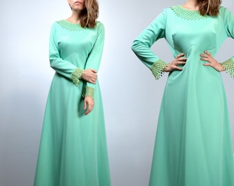 Mint Maxi Dress, 70s Rhinestone Long Sleeve Boho Dress - Large L