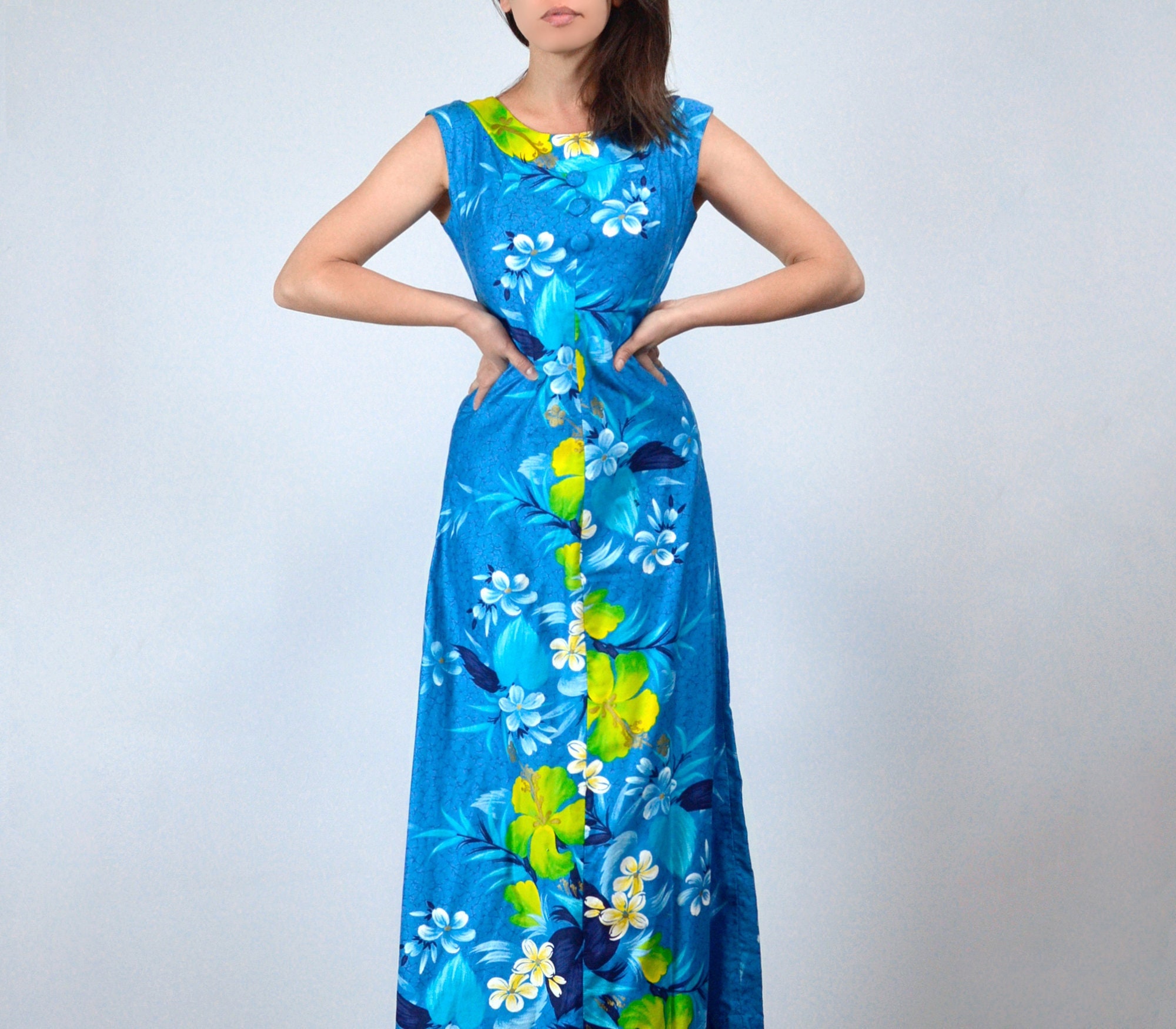 blue hawaiian dress Blue Hawaii Long Maxi Rayon Hawaiian Dress Blue / L