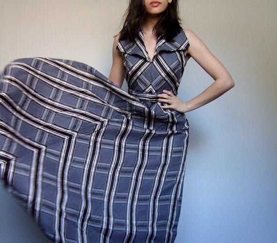 1970s Plaid Maxi Dress, Vintage Long Grey Floor Le
