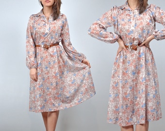 Vintage 70s Floral Dress, Sheer Taupe Long Sleeve Dress - Medium M