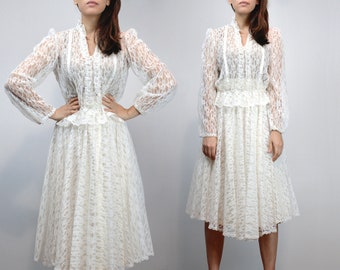 White Lace Blouse Skirt 2pc, Vintage 70s Two Piece Summer Sets, Women - Extra Small to Small XS S