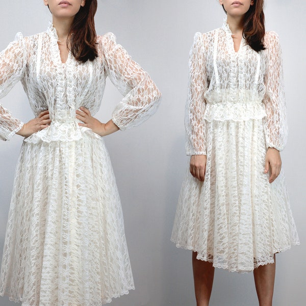 White Lace Blouse Skirt 2pc, Vintage 70s Two Piece Summer Sets, Women - Extra Small to Small XS S