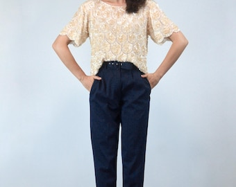 Ivory Sequin Top, M | Sheer Beaded Blouse, Boho Glam Trophy Shirt with Scalloped Hem
