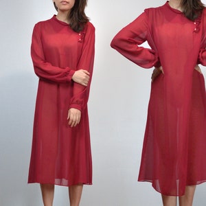 70s Burgundy Dress, M to  L | Vintage Sheer See Through Long Sleeve Dress