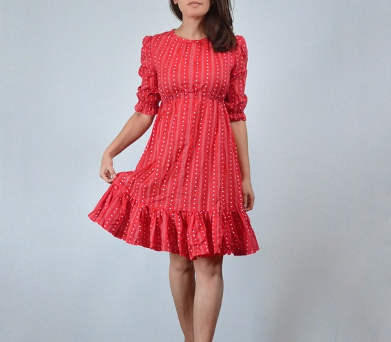 Vintage 70s Red Heart Print Dress, XS to S - image 1