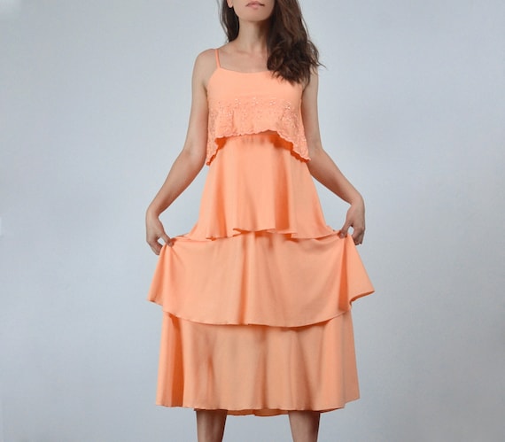 70s Peach Tiered Tank Dress, XS 70s Peach Tiered Tank Dress, XS
