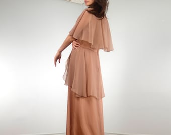 Vintage 70s Maxi, M to L | Sheer Layered Tan Brown Draped Dress