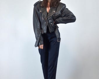 Vintage 80s Leather Moto Jacket, M to L | 90s Black Belted Biker Jacket