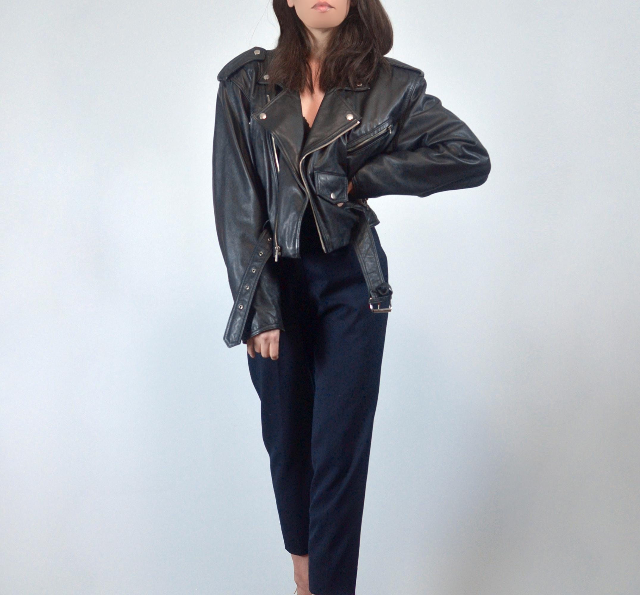 Vintage 80s Leather Moto Jacket, M to L | 90s Black Belted Biker