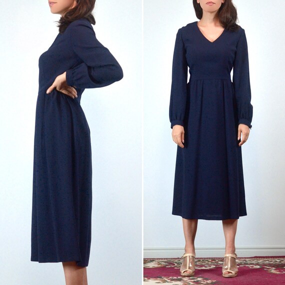 70s 80s Navy Blue Wool Dress, S to M Vintage Long Sleeve  