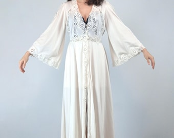 70s Bell Sleeve Robe, S to M | Sheer Long Lace Lingerie, Wedding Robe