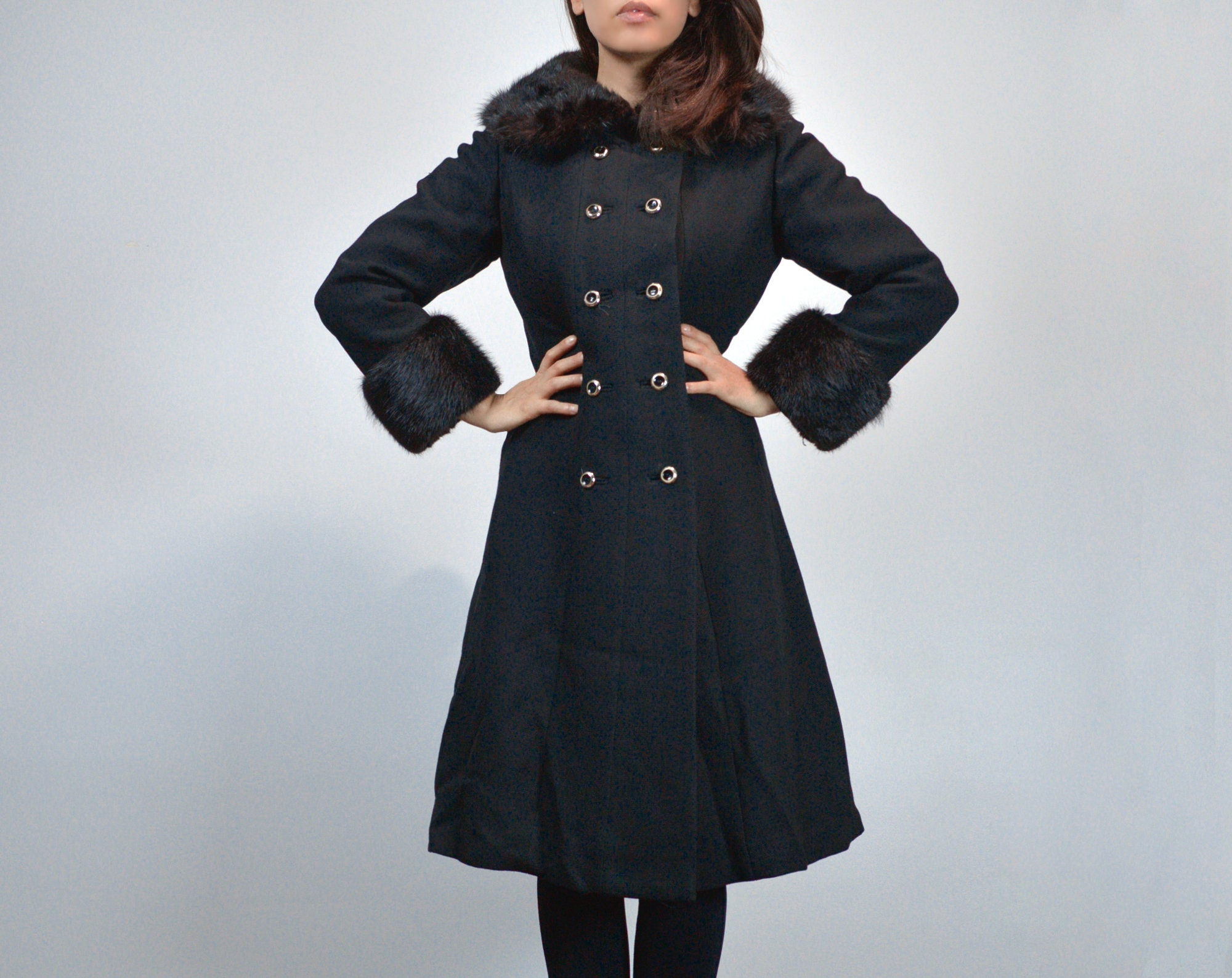 ジャケット・アウター Vintage Double Breasted Wool Long Coat Vintage 1970s Wool Coat, XS to S | Long Black Double