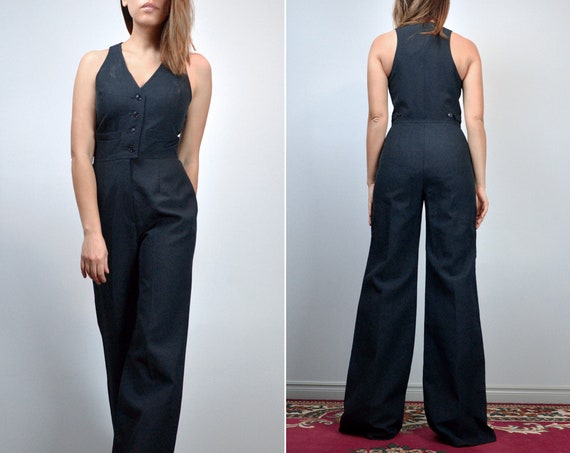 70s Black Jumpsuit, Womens Vintage V Neck Button … - image 4