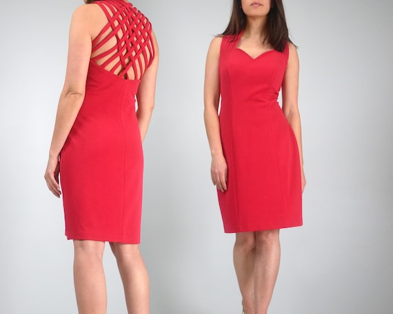 Vintage 90s Red Bodycon Dress, Criss Cross Back, M
