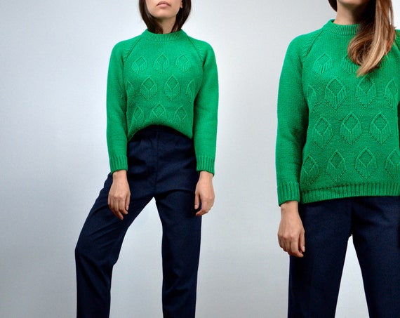 70s Knit Sweater, Vintage Raglan Sleeve, Green - M