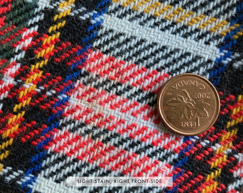 Puede incluir: Primer plano de una tela a cuadros con rayas rojas, negras, blancas, amarillas, azules y verdes. Una moneda canadiense de un centavo est&aacute; a la derecha. El texto "LIGHT STAIN, RIGHT FRONT-SIDE" est&aacute; en la parte inferior.