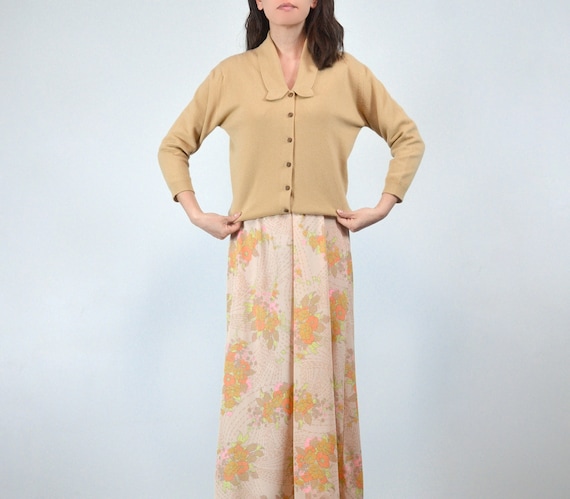 1950s 60s Wool Cardigan, M | Vintage Yellow Button up Pinup 