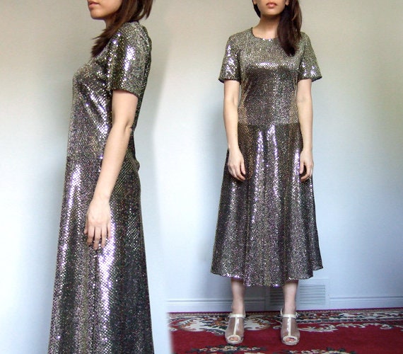 Gold Party Dress, Vintage Sequin Metallic Drop Wa… - image 2