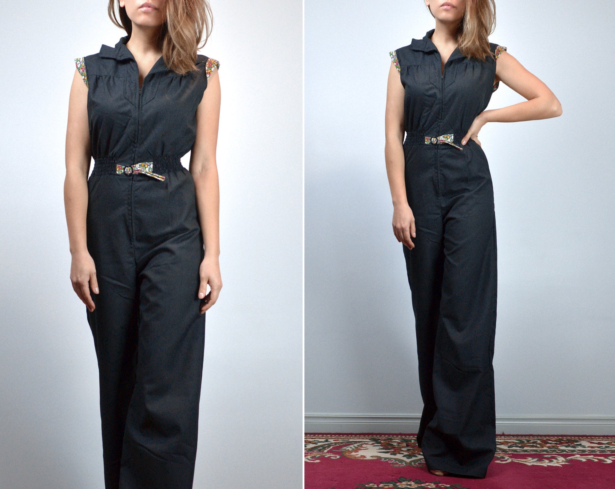 Black Jumpsuit Womens, Vintage 70s Retro One Piece Wide Leg