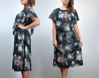 70s Sheer Floral Dress - Medium to Large | Vintage 70s Black Sundress, M L