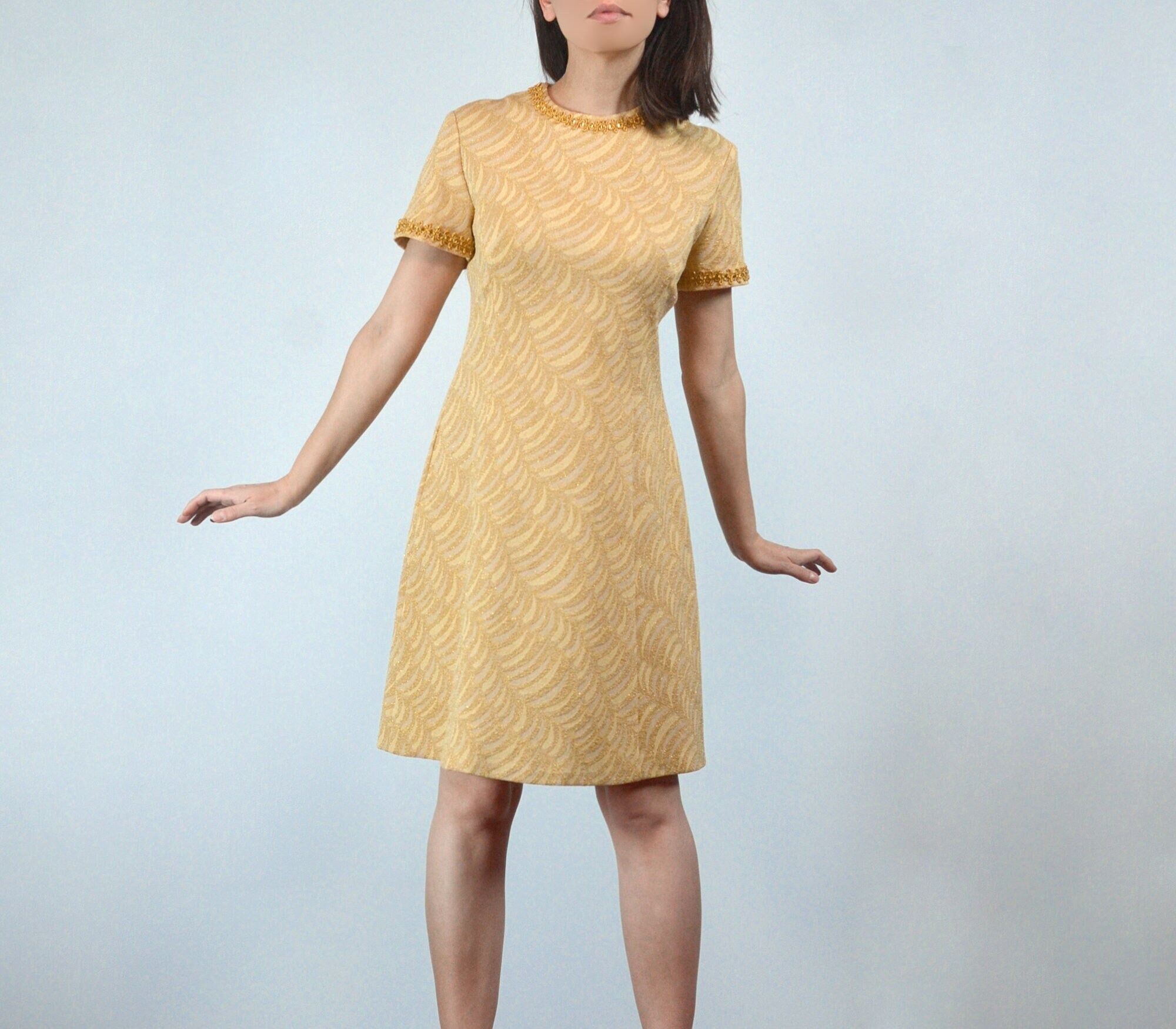 Vintage 1970s Metallic Gold Mini Dress, S