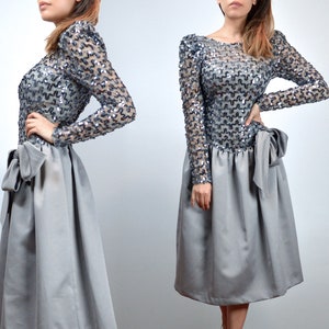 1980s Prom Dress, XXS to XS | Grey Sequin Long Sleeve Drop Waist Party Dress
