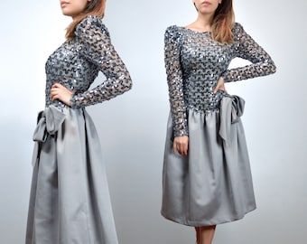 1980s Prom Dress - Extra Small | Grey Sequin Long Sleeve Drop Waist Party Dress, XXS XS