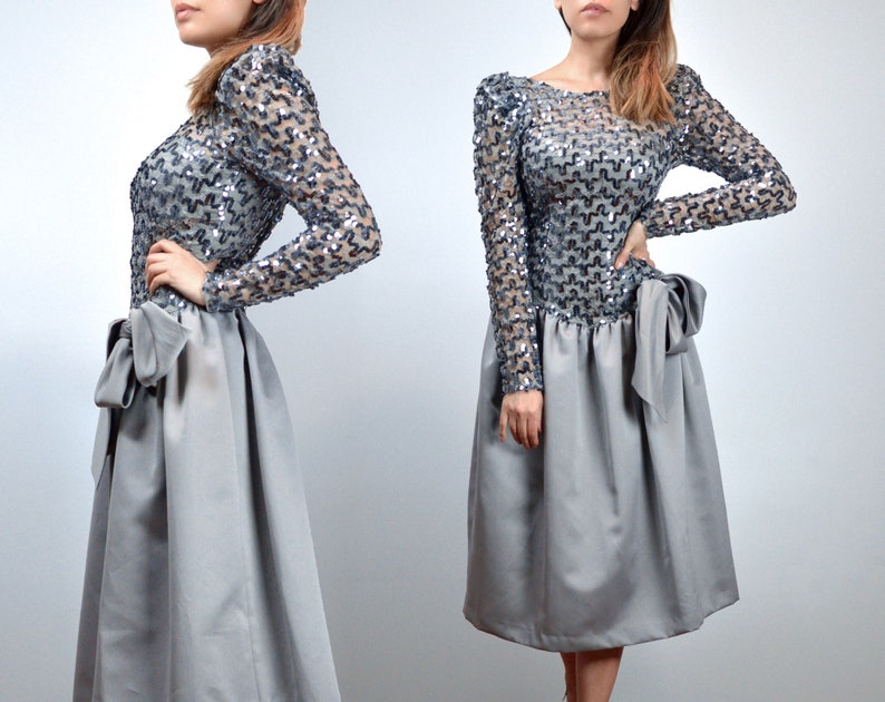 1980s Prom Dress - Extra Small | Grey Sequin Long Sleeve Drop Waist Party Dress, XXS XS 