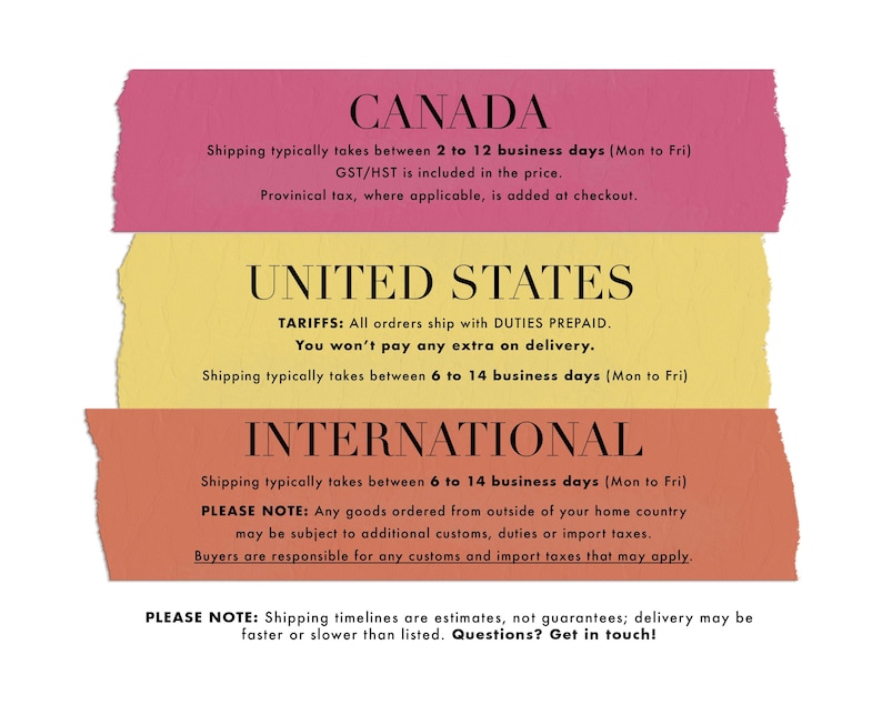 May include: A graphic with text on three colorful, torn-paper style rectangles. The top rectangle is pink and says "CANADA". The middle rectangle is yellow and says "UNITED STATES". The bottom rectangle is orange and says "INTERNATIONAL".
